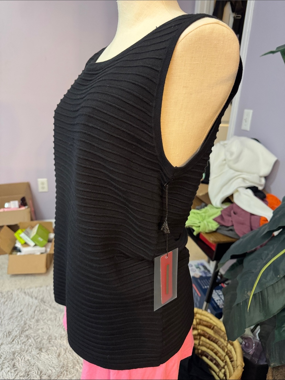 RED Black Ribbed Ottoman Knit Sleeveless Tank Top L NWT